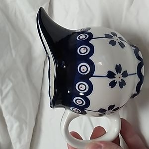 2 1/8 × 3.5 inches Blue Pottery Signature Blue, White w Red dots small pitcher